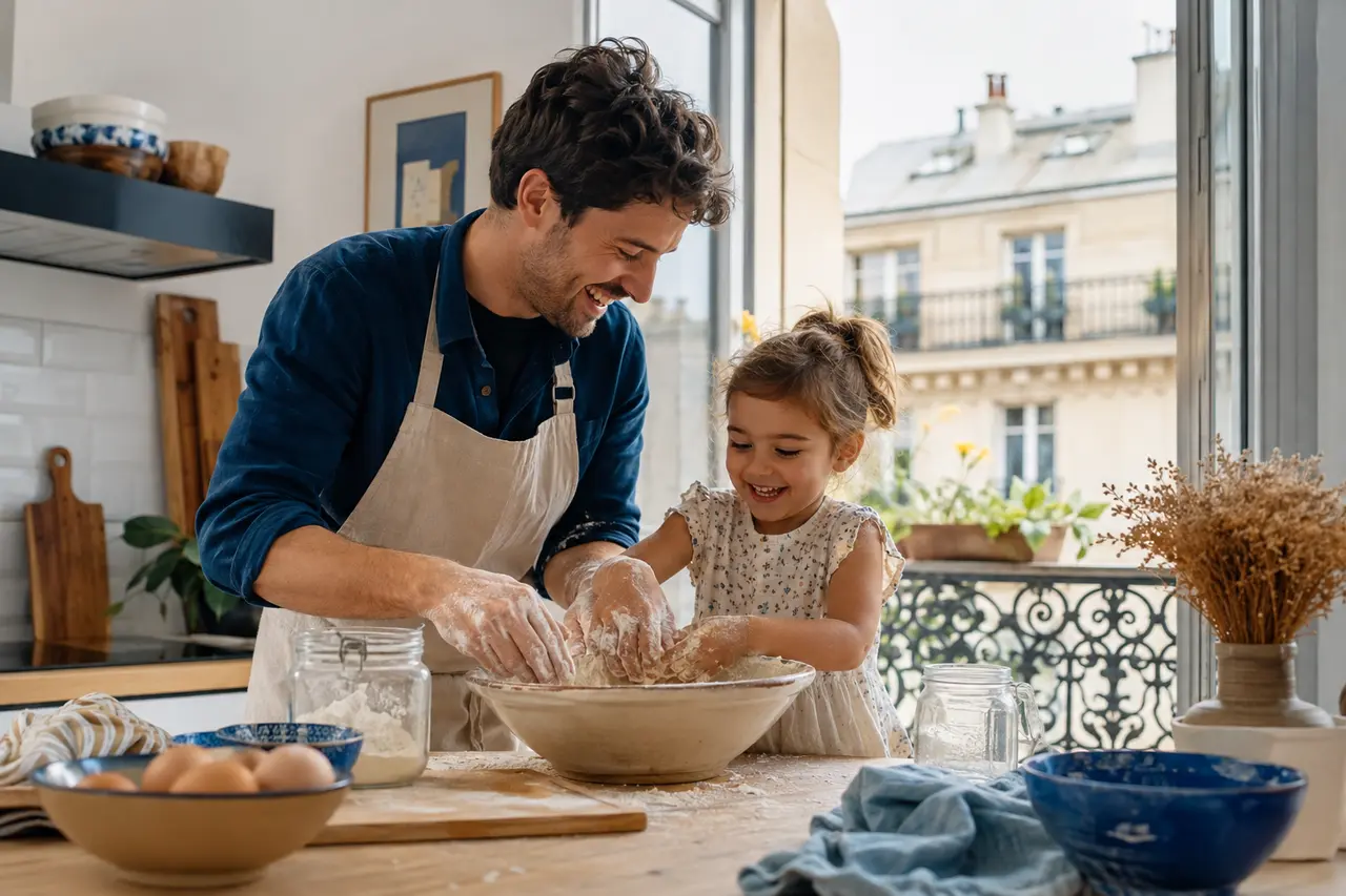 Père et fille préparant un gâteau ensemble dans une cuisine française