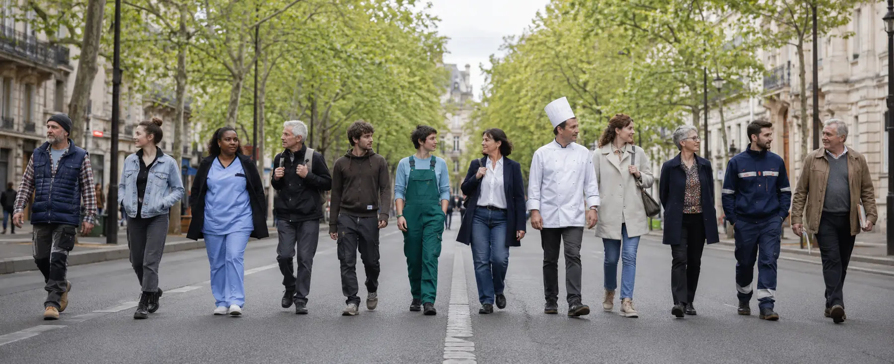 Petit cortège de travailleurs défilant pacifiquement le 1er mai en France