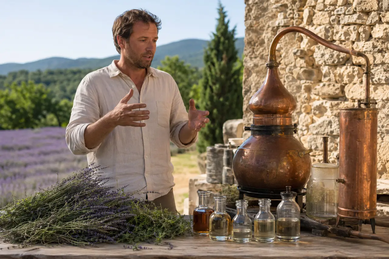 Producteur expliquant un alambic et la distillation de lavande à Sault