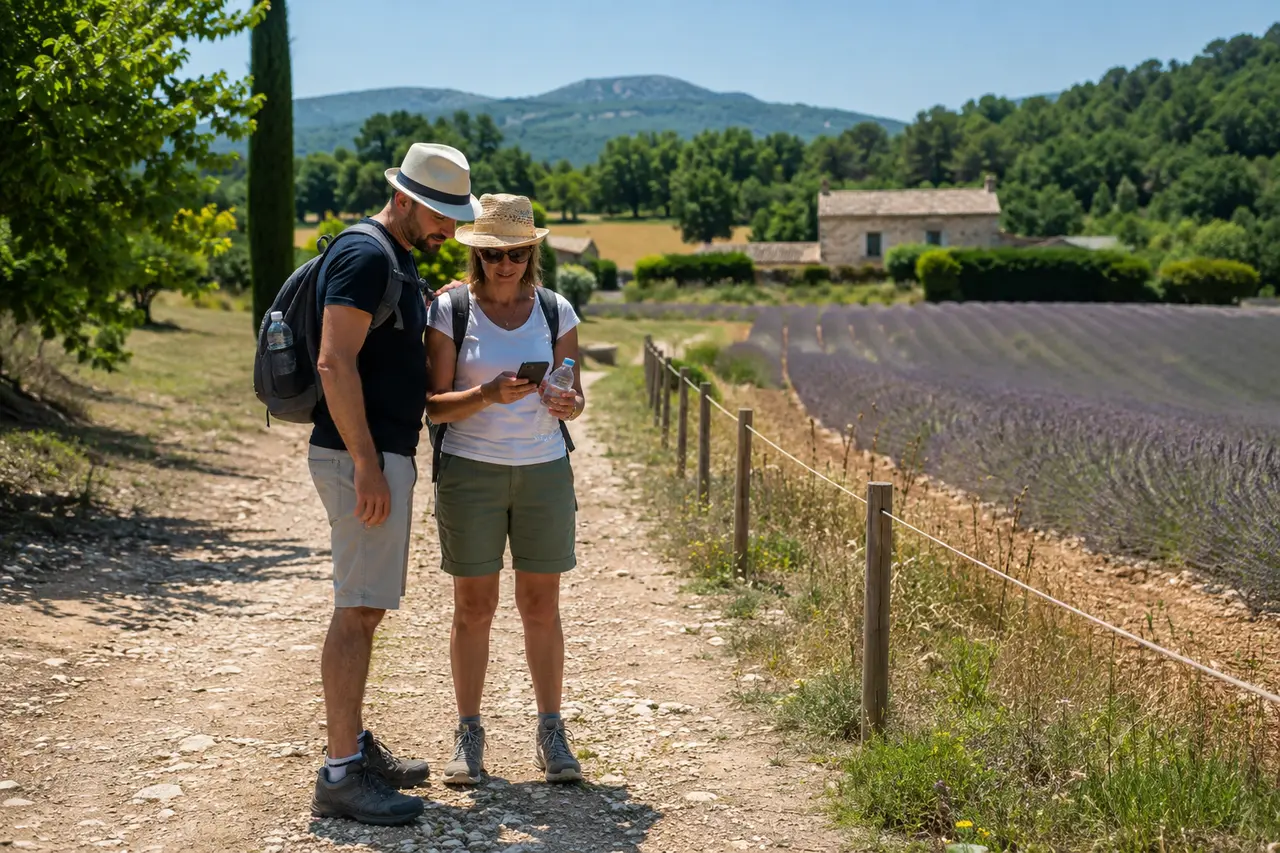 Deux randonneurs adultes consultant une carte depuis un chemin autorisé près d’un champ de lavande