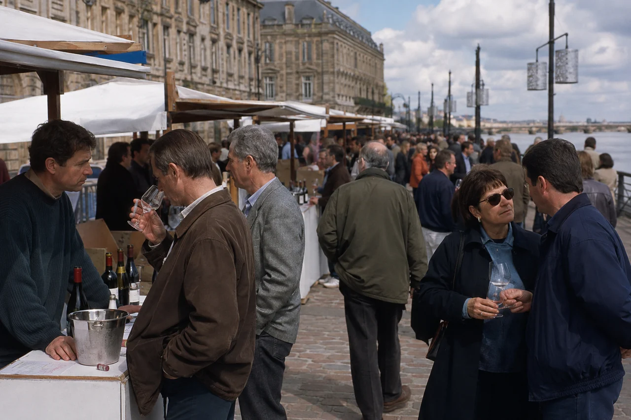 Reconstitution de la première Fête du Vin sur les quais de Bordeaux à la fin des années 1990