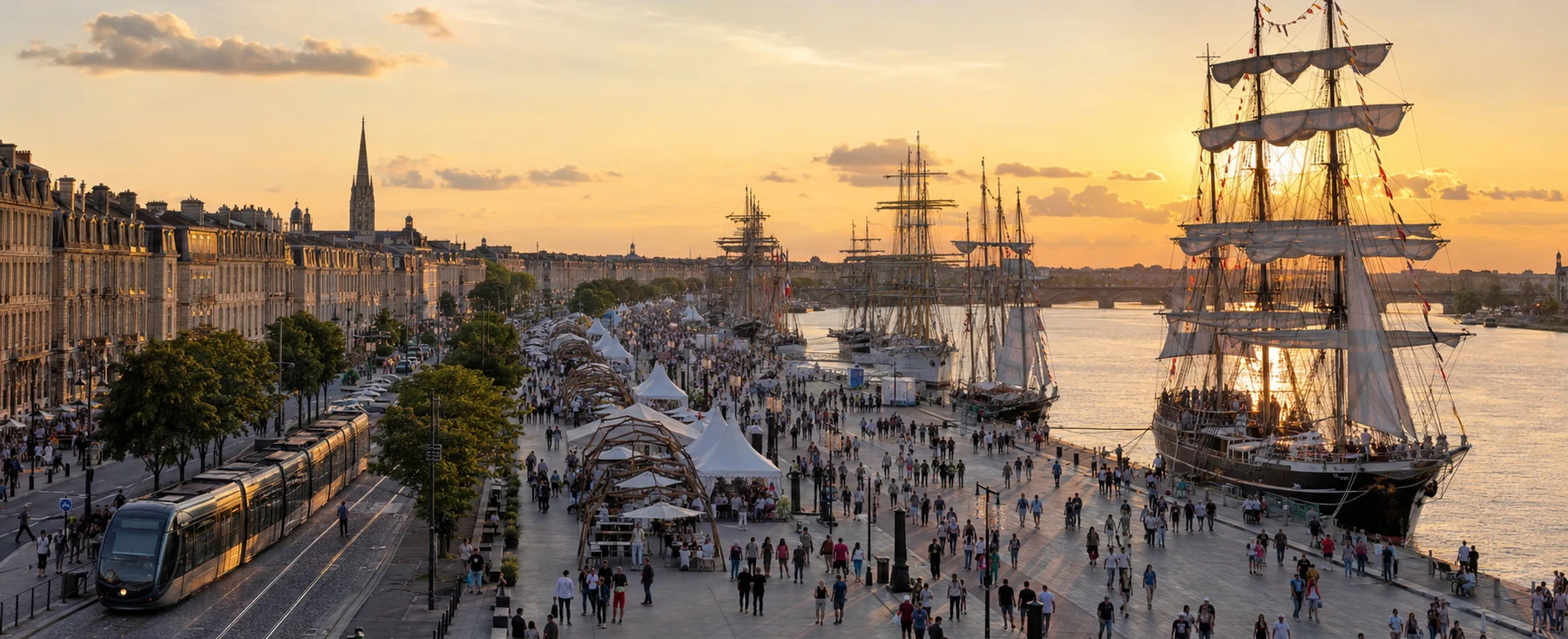 Panorama des quais de Bordeaux avec pavillons et grands voiliers en juillet 2027