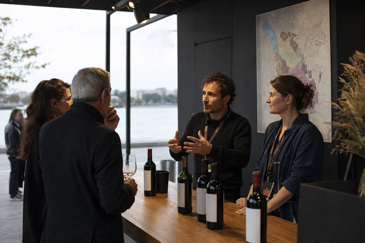 Vignerons de Nouvelle-Aquitaine échangeant avec des visiteurs sur les quais de Bordeaux