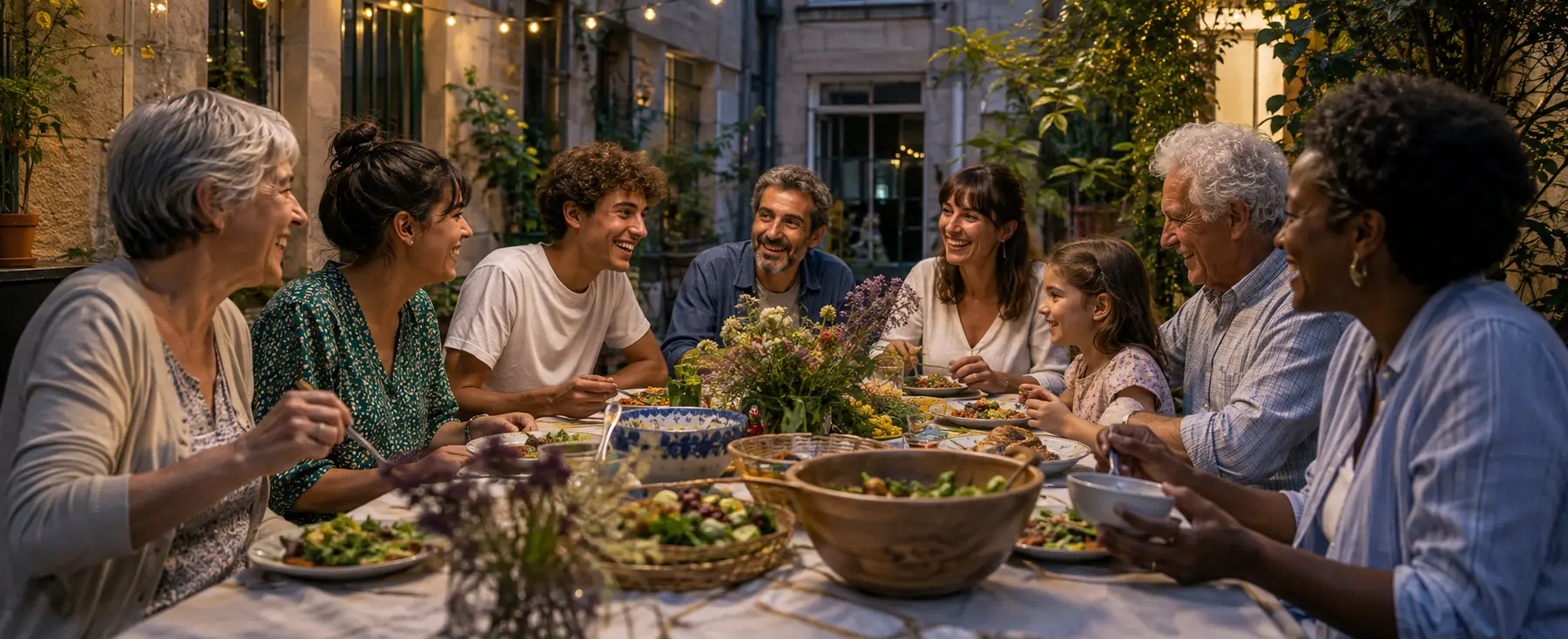 Huit voisins de plusieurs générations réunis autour d’une table dans une cour