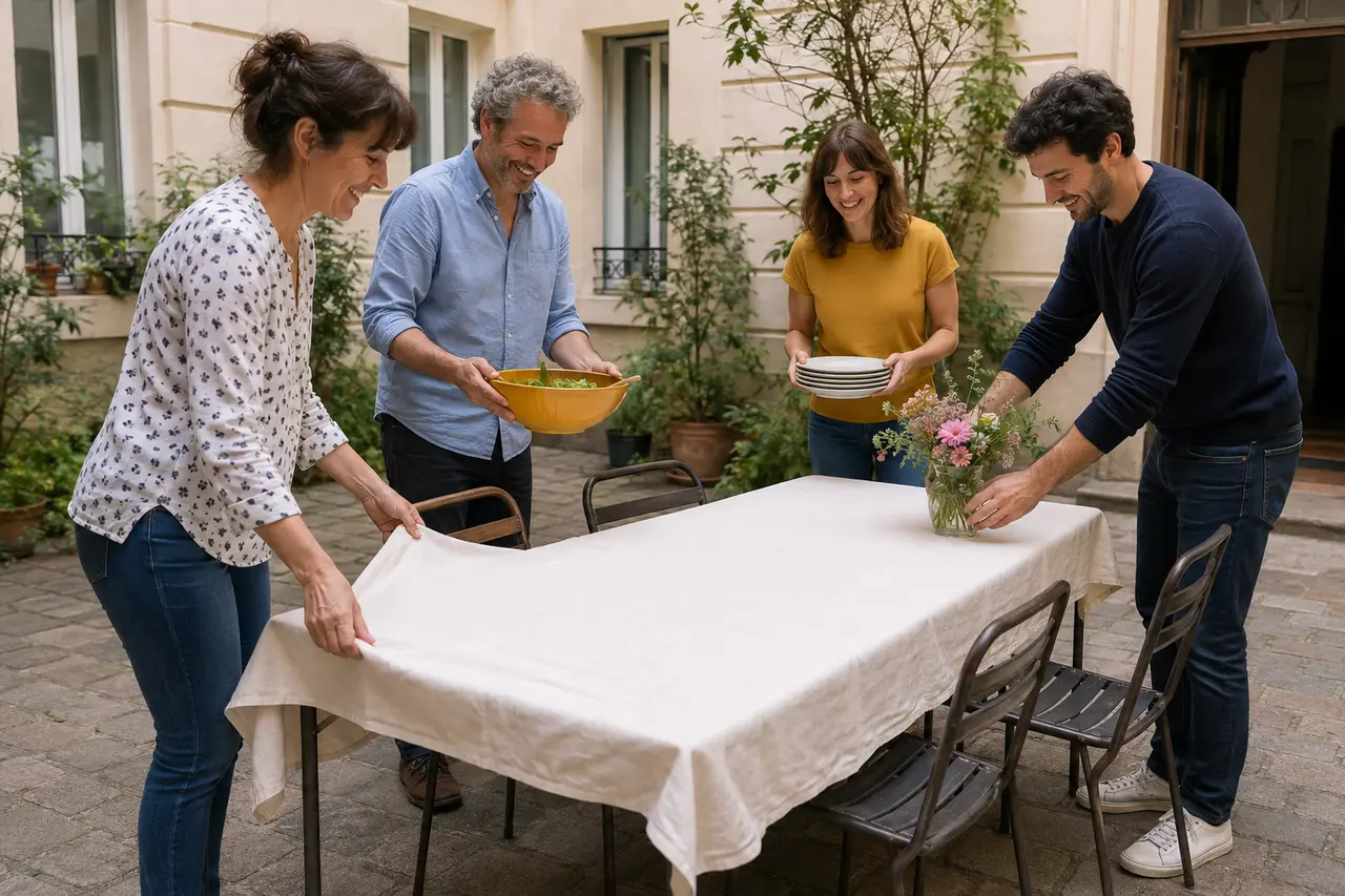 Quatre voisins préparant une table commune dans la cour d’un immeuble parisien