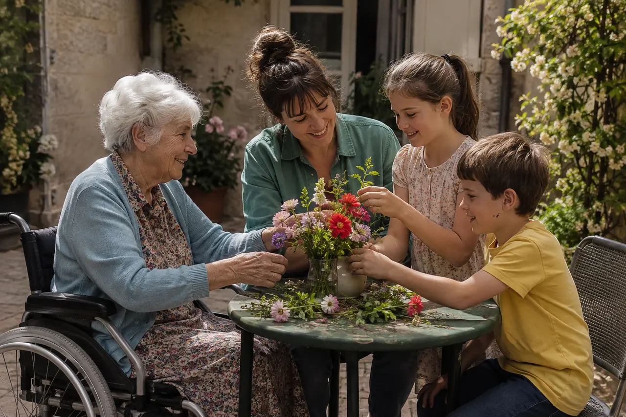 Voisine en fauteuil roulant et famille préparant des fleurs dans une cour accessible