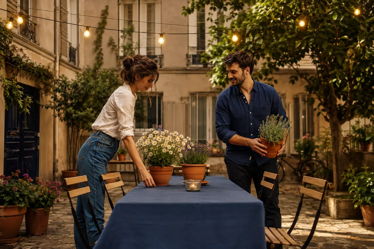 Deux voisins préparant une table et des fleurs dans une cour