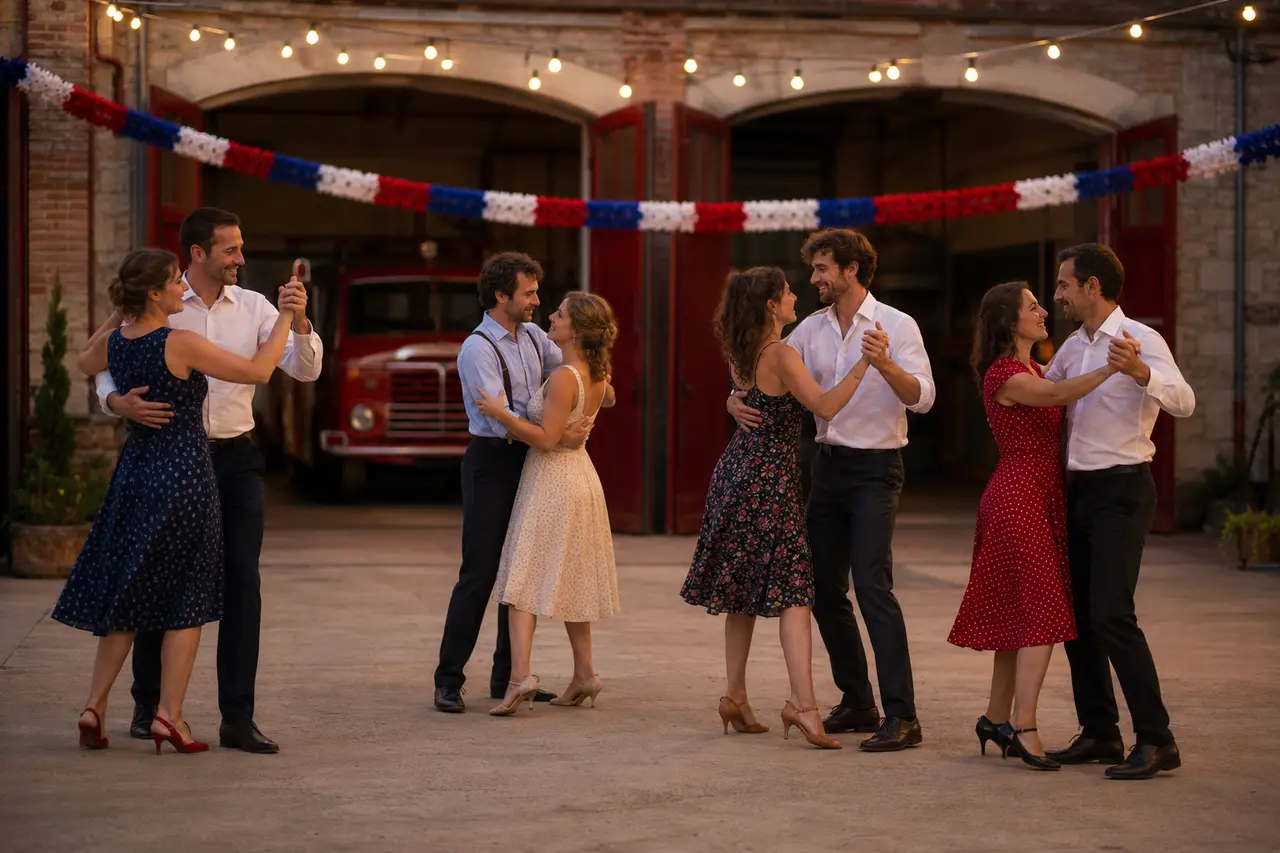 Quatre couples dansant lors d’un bal populaire en France