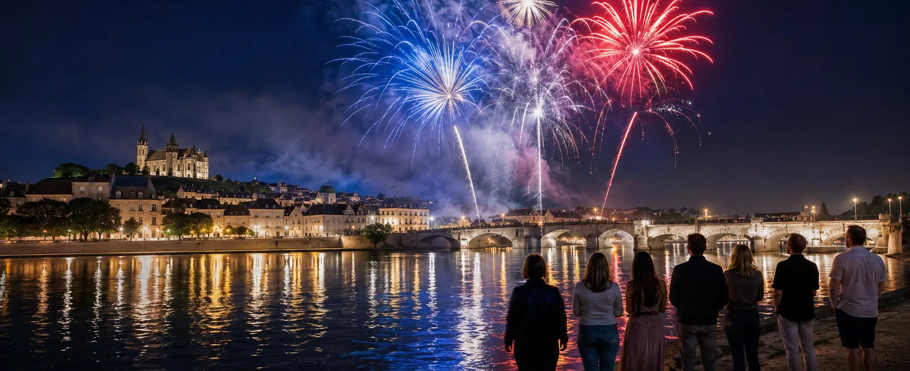 Huit personnes regardant un feu d’artifice du 14 juillet au bord d’une rivière