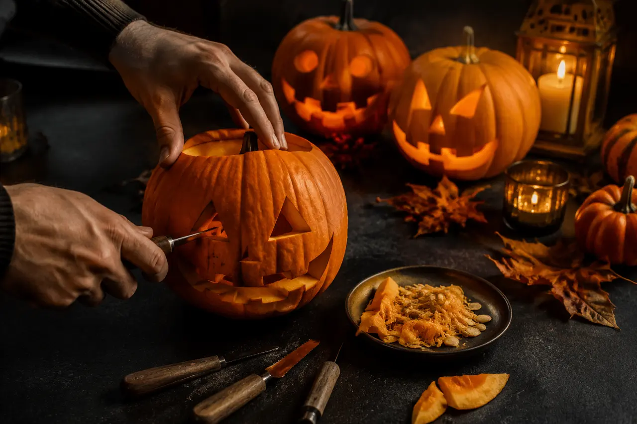Mains d’un adulte sculptant une citrouille d’Halloween