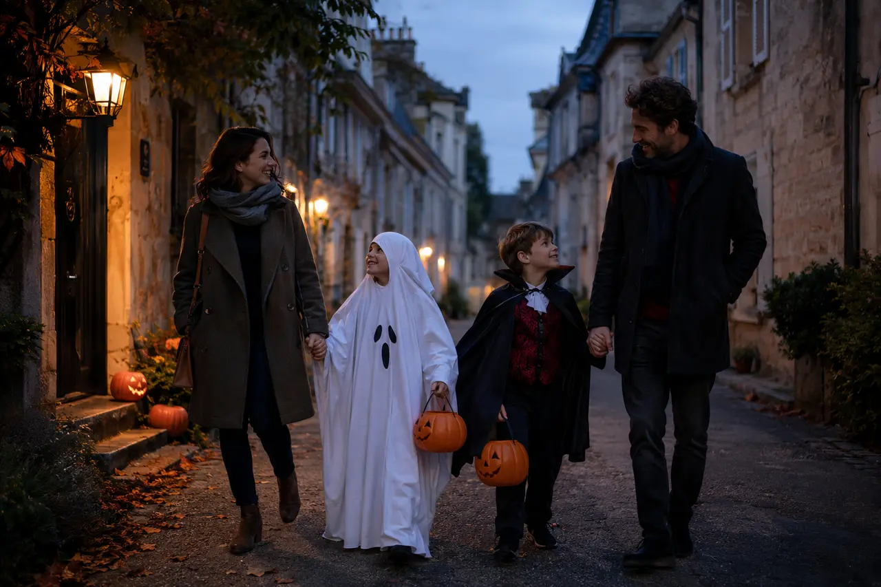 Famille faisant la tournée des bonbons dans une rue française à Halloween