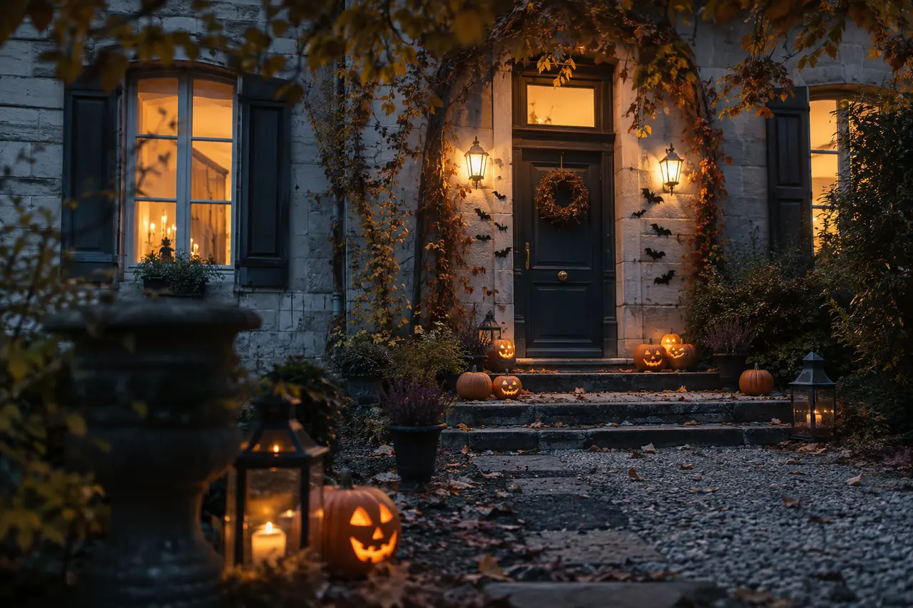 Maison française décorée de lanternes et de citrouilles pour Halloween