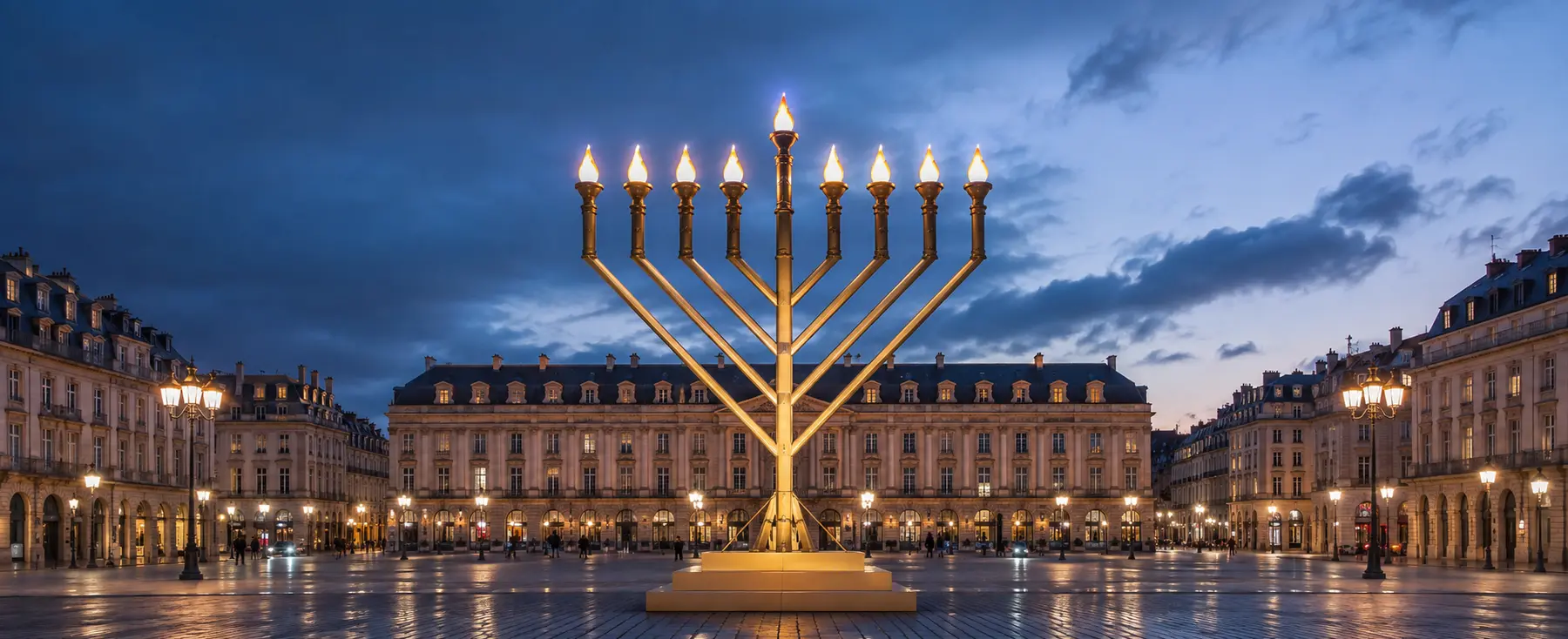 Grande hanoukkia éclairée sur une place française au début de la nuit