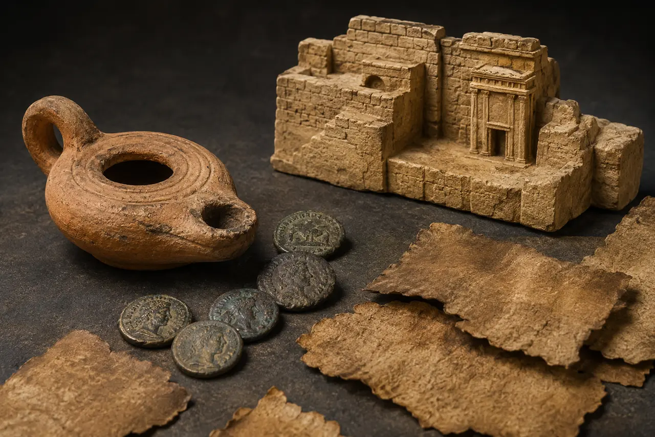 Anciennes pièces, lampe à huile et manuscrit évoquant l’époque des Maccabées