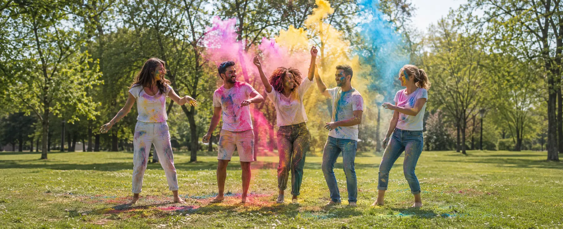 Cinq adultes distincts célébrant Holi avec des poudres colorées dans un parc