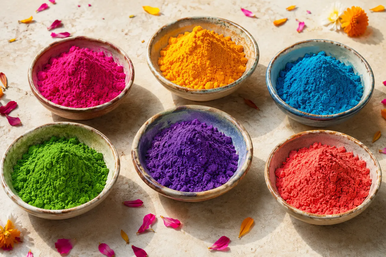 Coupelles de poudres gulal rose, jaune, bleue et verte