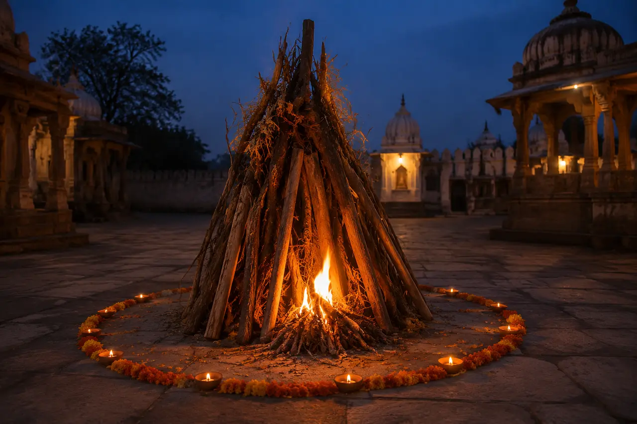 Feu de Holika Dahan entouré de fleurs au crépuscule