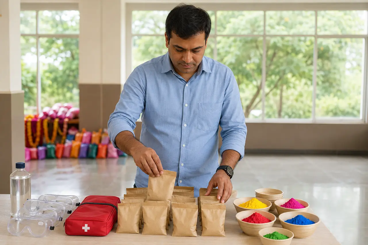 Organisatrice préparant des sachets de poudres étiquetés et des lunettes de protection