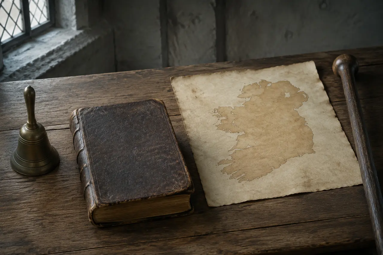 Cloche ancienne, livre fermé, carte d’Irlande et bâton sur une table