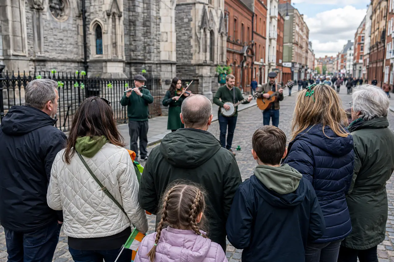 Sept spectateurs écoutant des musiciens pendant une parade à Dublin