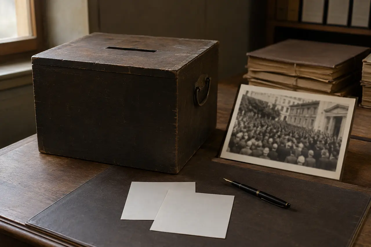Urne, bulletins vierges et photographie d’archives évoquant le référendum italien de 1946