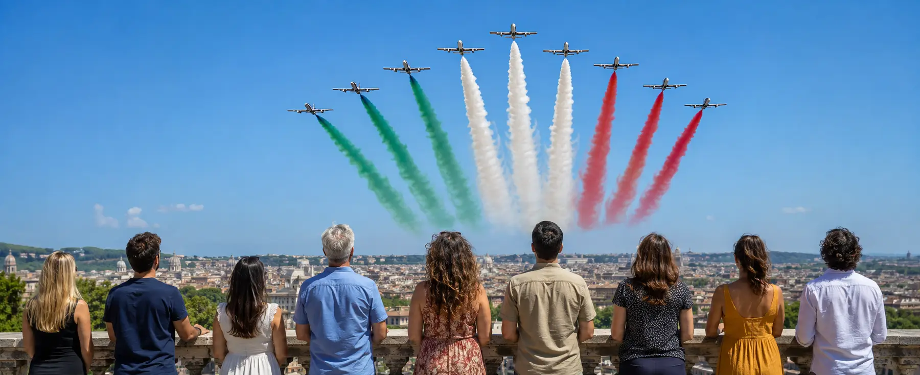 Neuf avions des Frecce Tricolori survolant des spectateurs à Rome