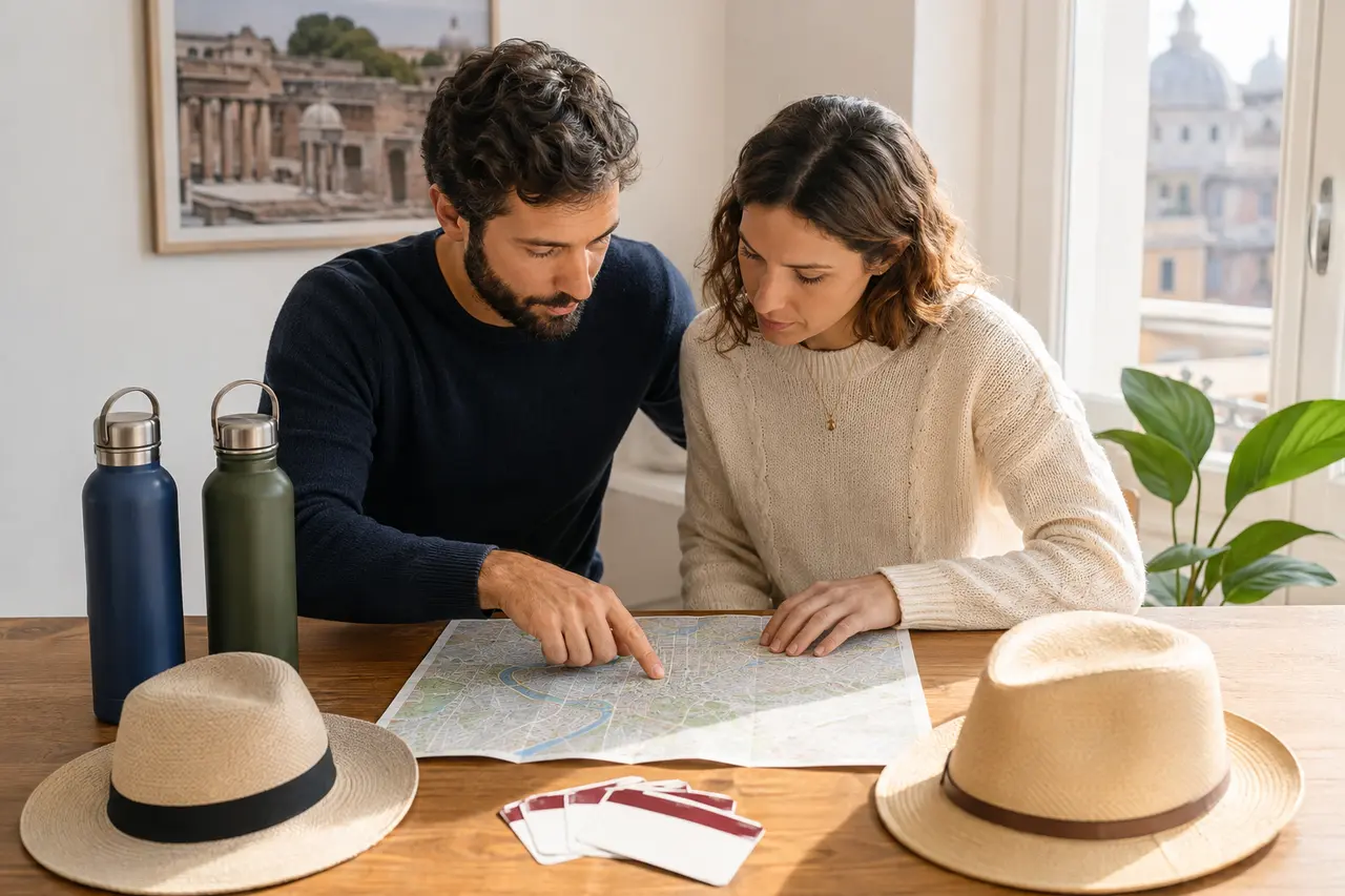 Deux adultes préparant eau et trajet pour le 2 juin à Rome