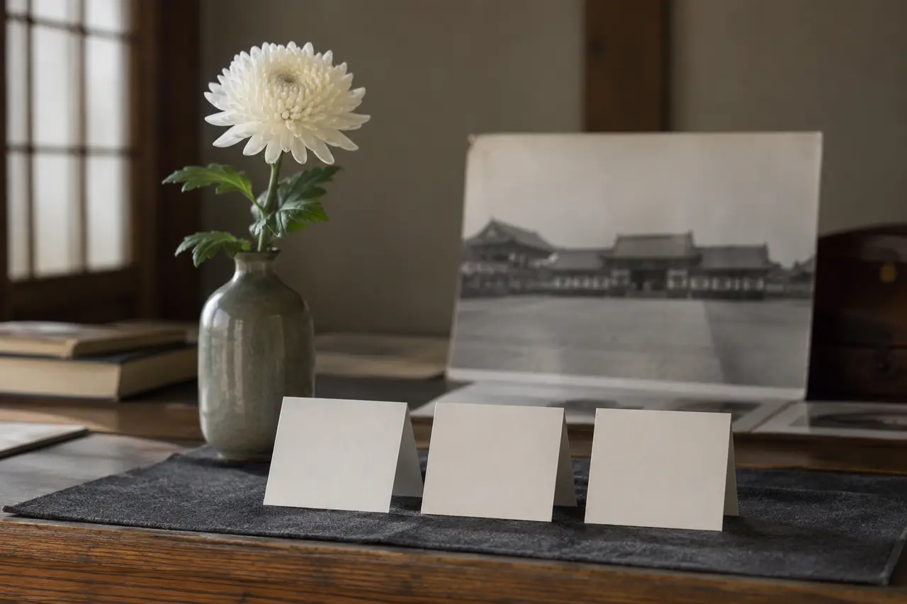 Calendriers vierges, chrysanthème et photographie ancienne d’un palais japonais