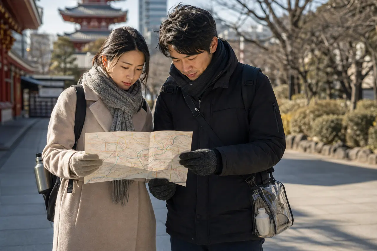 Deux adultes préparant vêtements chauds et plan ferroviaire pour une visite à Tokyo