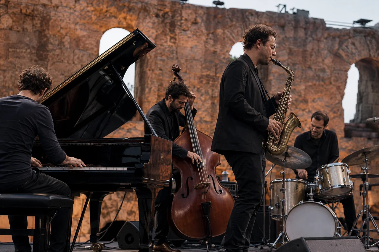 Quartet de jazz fictif improvisant sur une scène devant les pierres antiques de Vienne