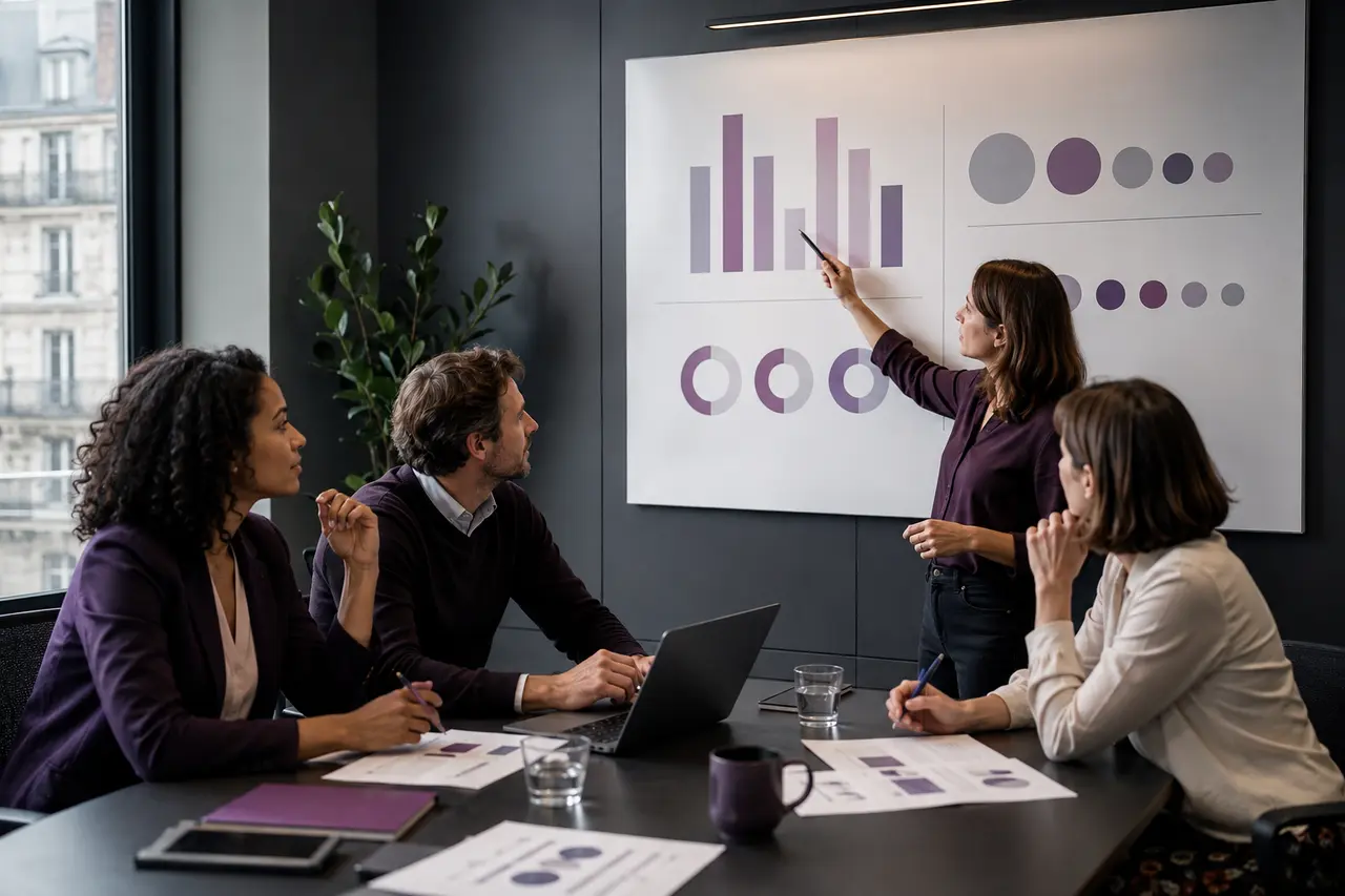 Quatre collègues analysant des indicateurs d’égalité professionnelle
