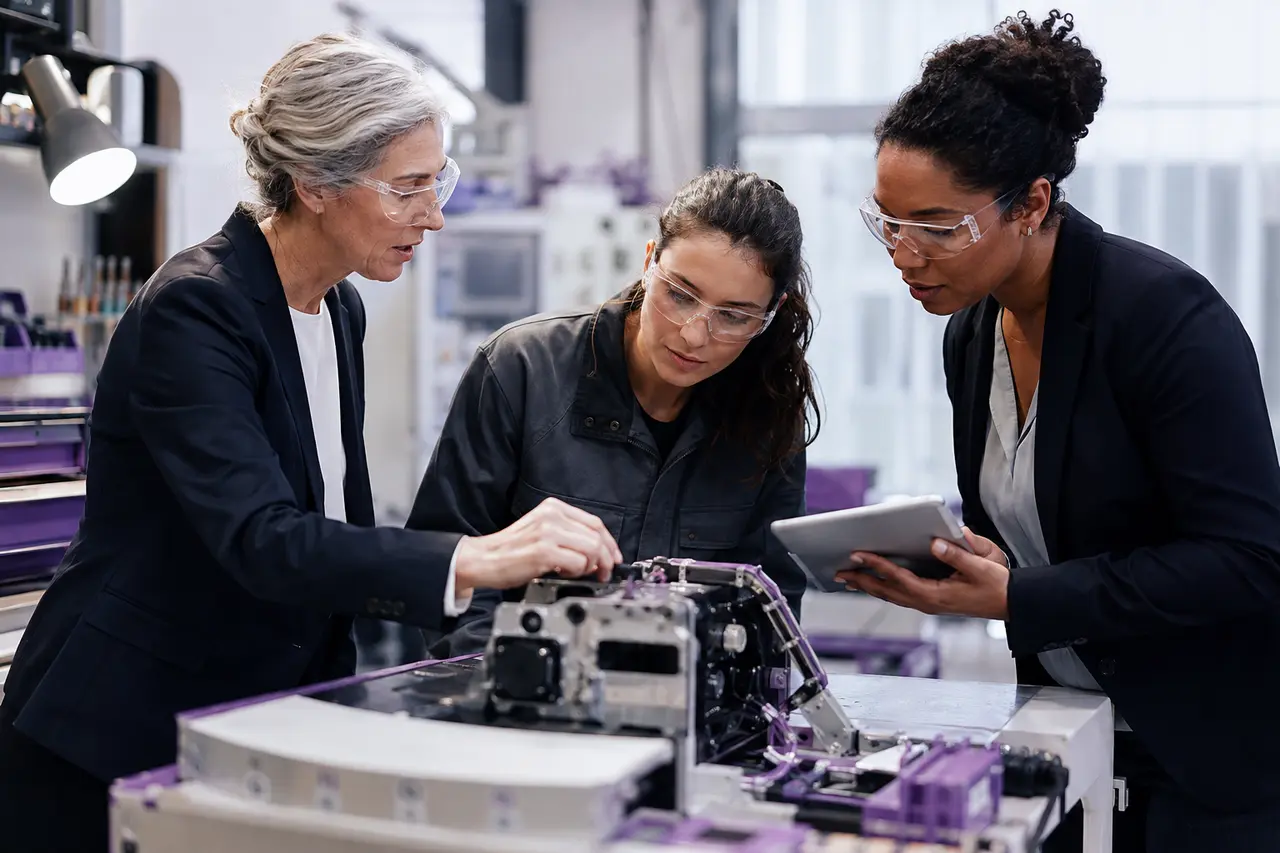 Trois ingénieures travaillant ensemble sur un prototype