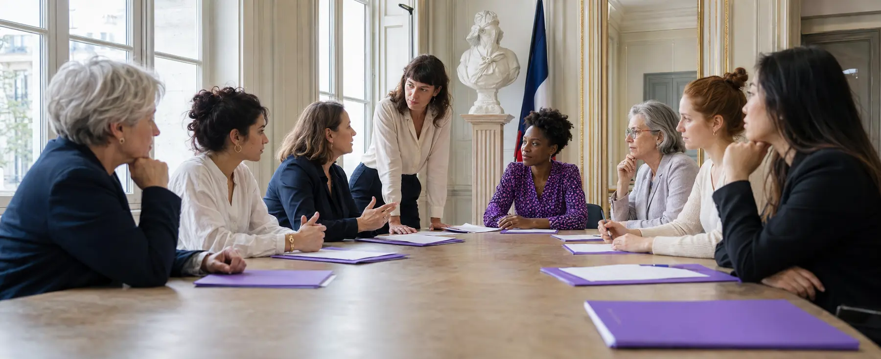 Huit femmes participant à une table ronde dans une mairie française