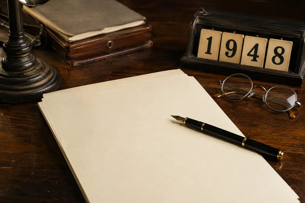 Documents vierges, plume et calendrier 1948 évoquant la Déclaration universelle