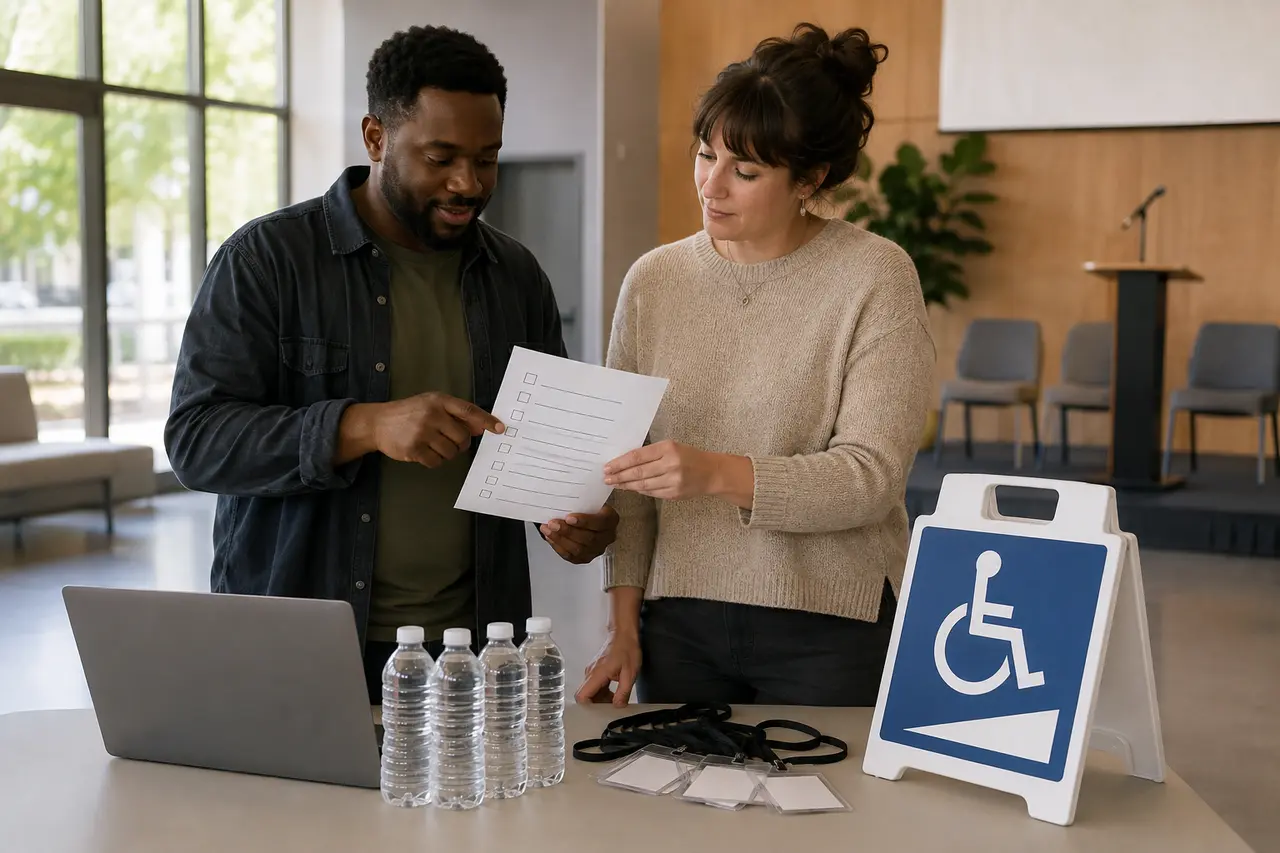 Deux organisateurs vérifiant l’accessibilité d’un événement civique