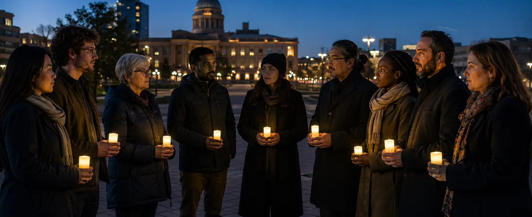 Neuf adultes tenant neuf lumières lors d’un rassemblement civique silencieux