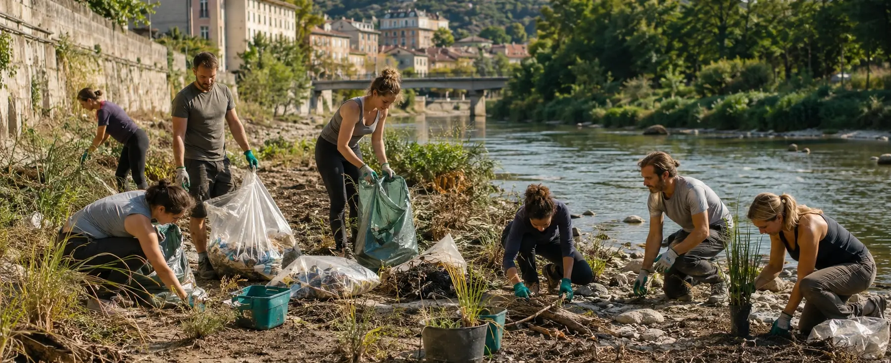 Sept adultes restaurant une berge urbaine de façon organisée