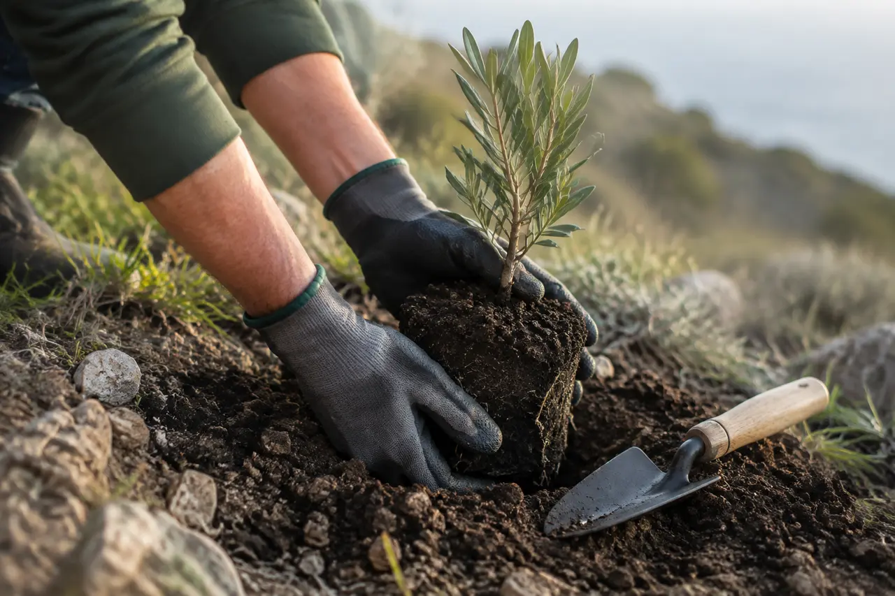 Deux mains plantant correctement un jeune arbre méditerranéen