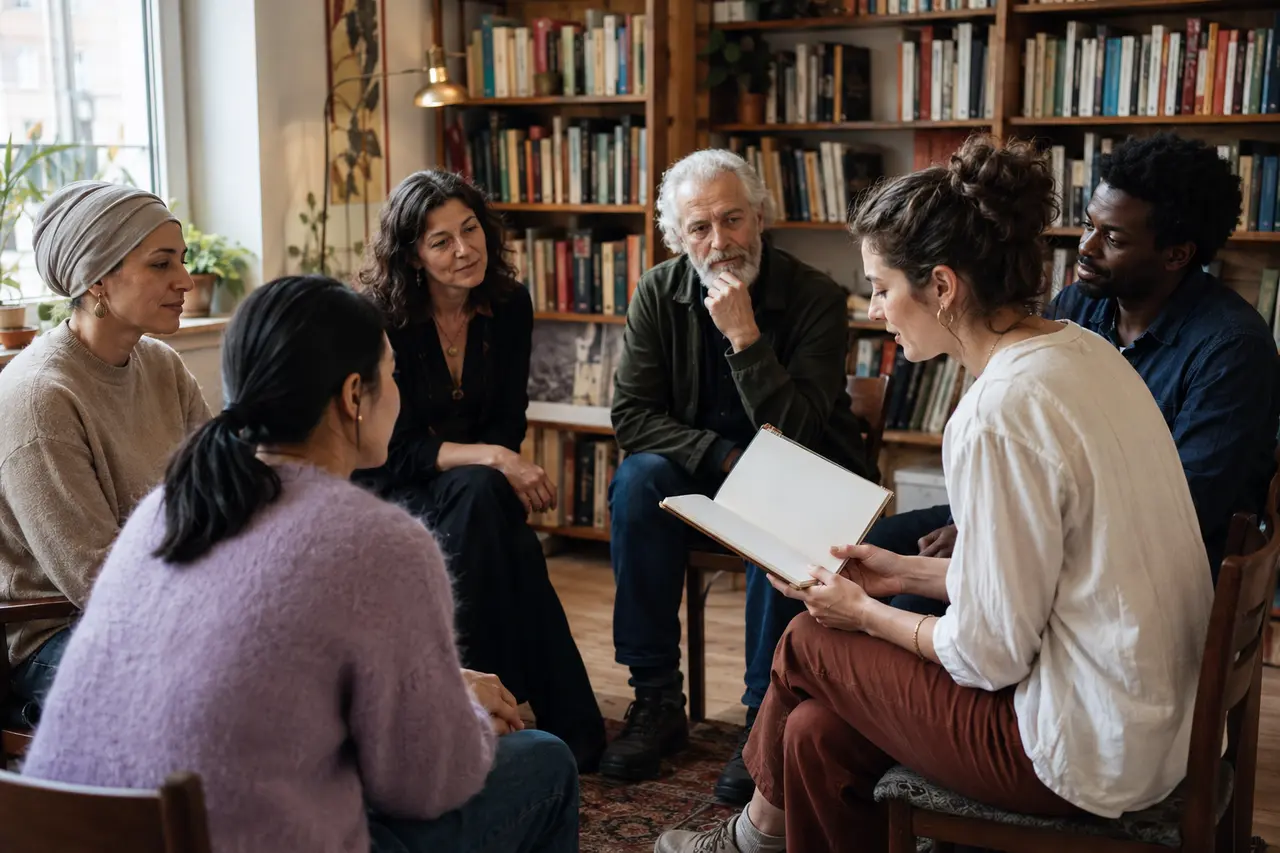 Six adultes réunis pour une lecture francophone dans une bibliothèque