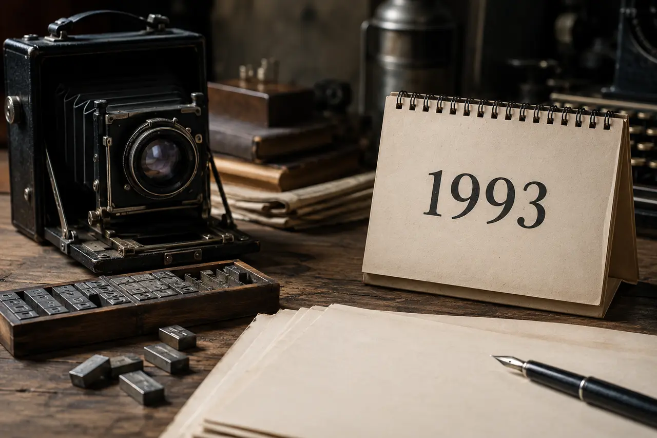 Appareil photographique ancien, caractères d’imprimerie et calendrier 1993
