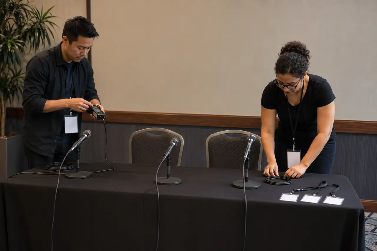 Deux organisateurs installant trois microphones pour un atelier de journalisme