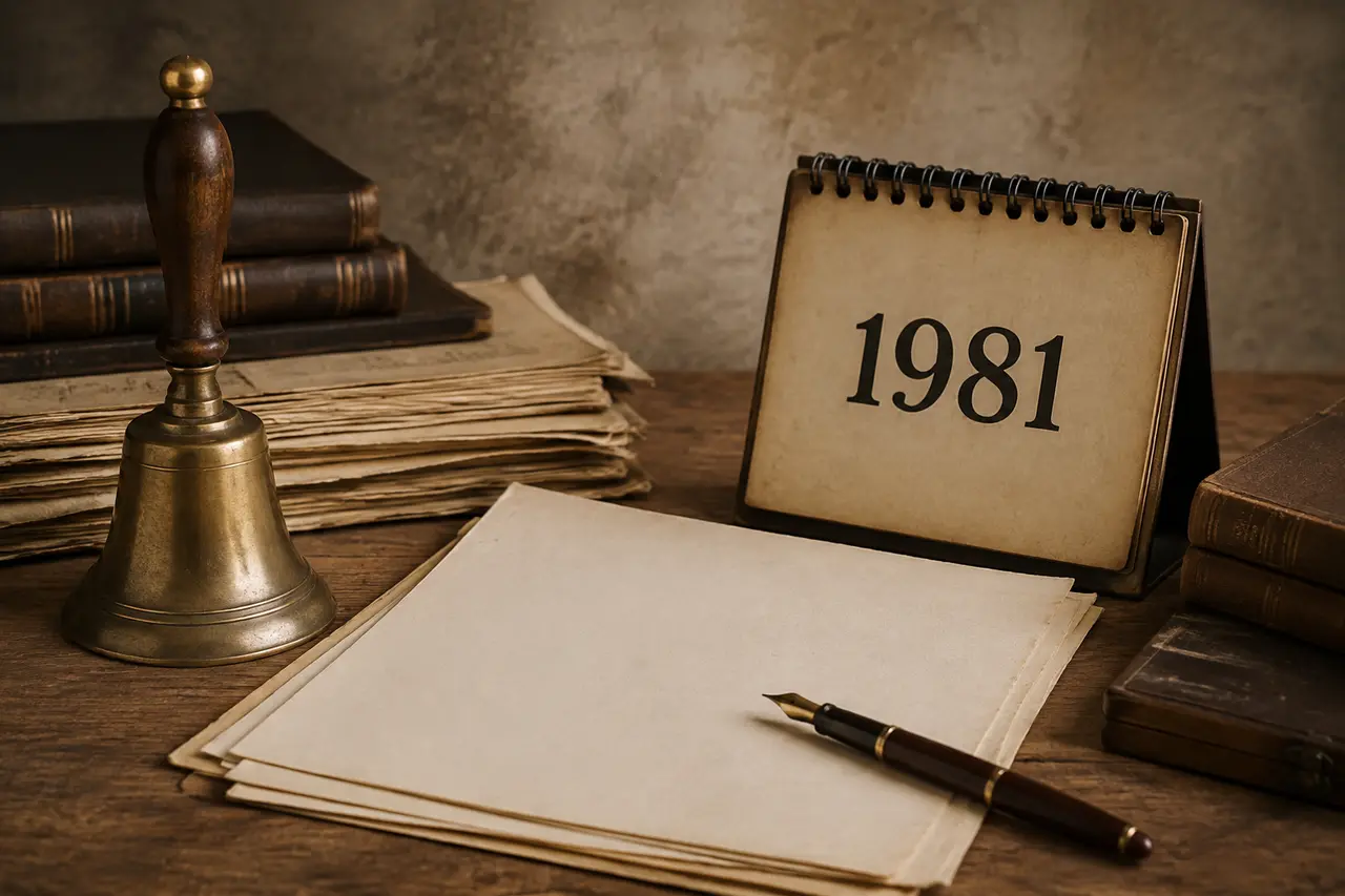 Cloche en laiton, documents vierges et calendrier 1981 évoquant la création de la journée
