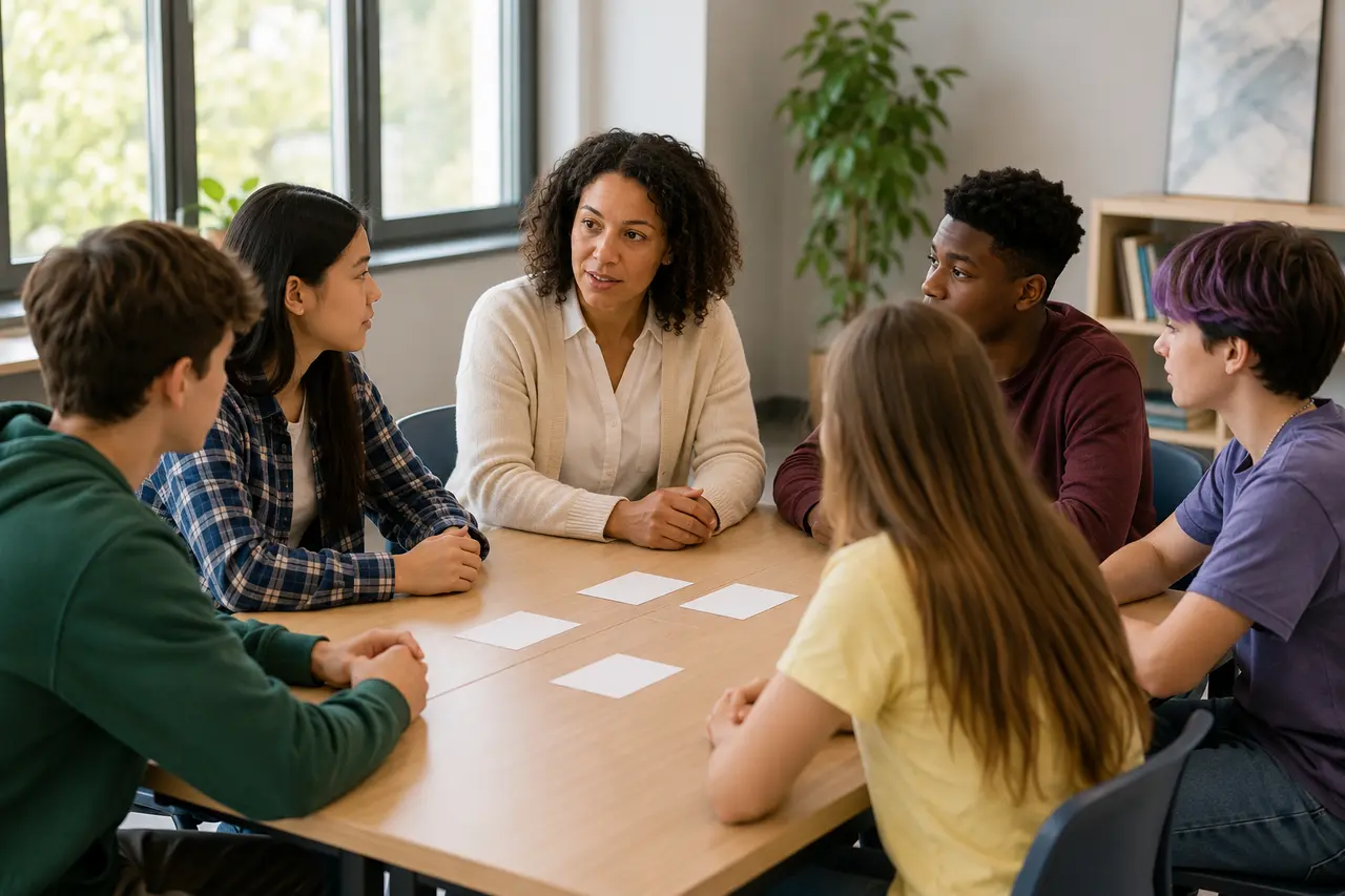 Une éducatrice menant un atelier de médiation avec cinq adolescents