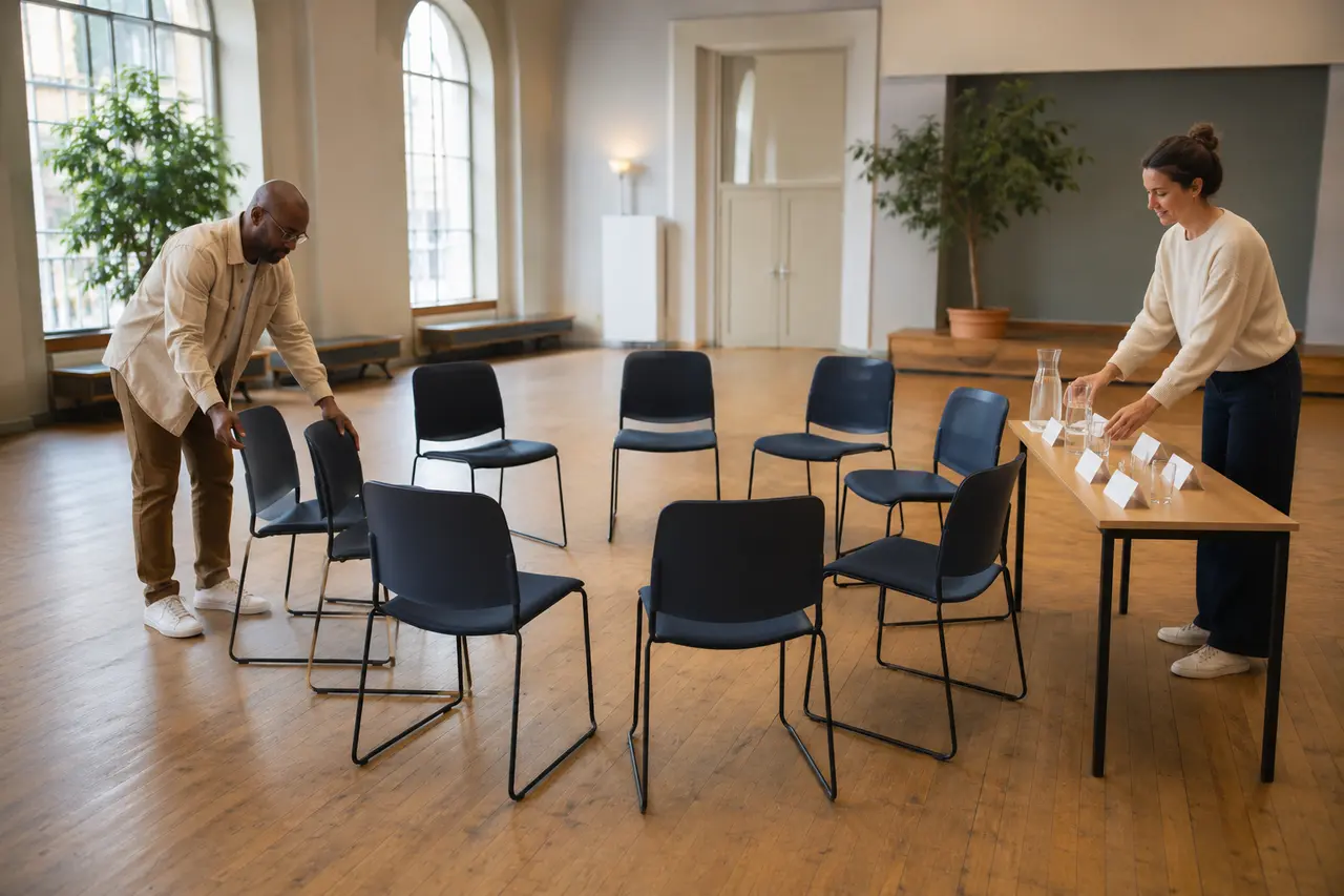 Deux médiateurs installant huit chaises pour un cercle de dialogue