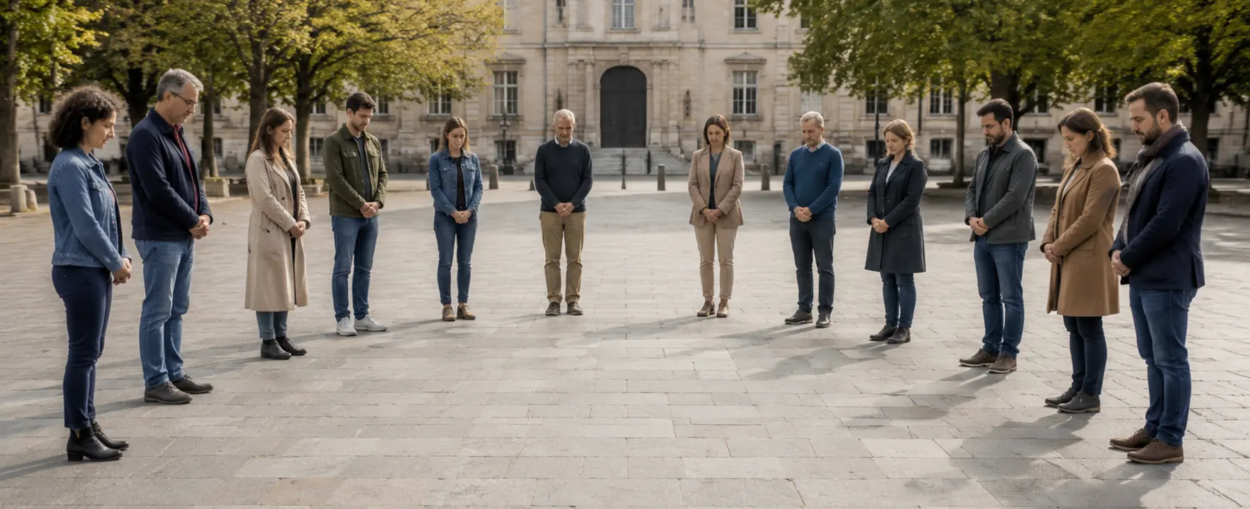Douze adultes observant une minute de silence dans une place civique