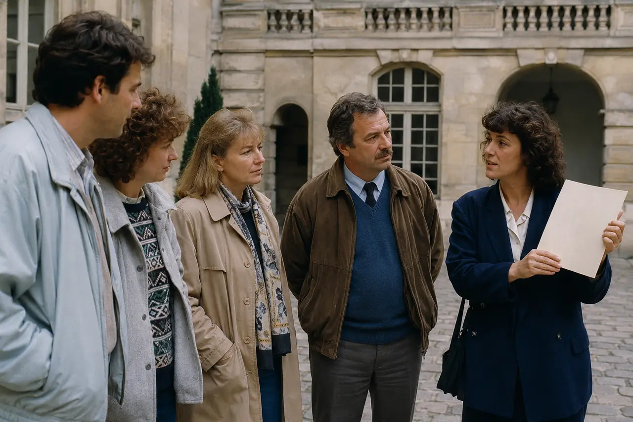 Visiteurs et guide dans une cour historique évoquant la première édition de 1984