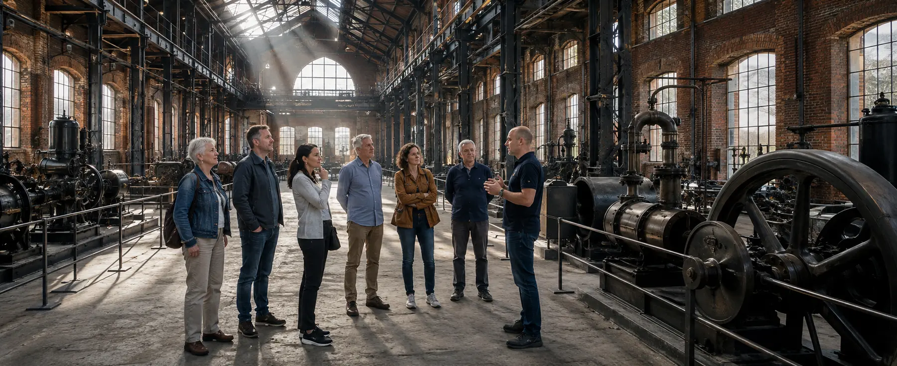 Visiteurs découvrant un grand site industriel patrimonial