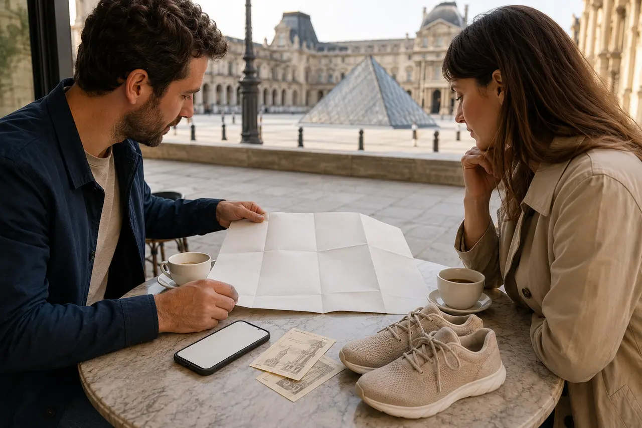 Deux adultes préparant un itinéraire patrimonial sur une carte