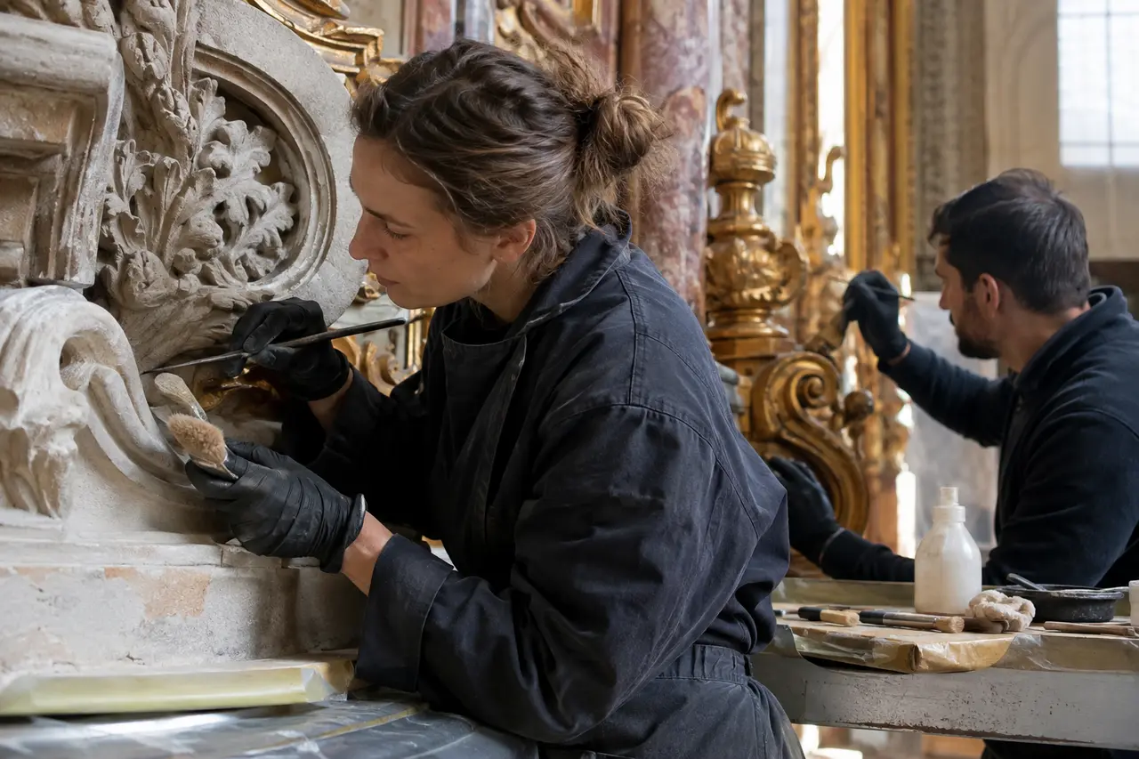 Deux artisans restaurant pierre sculptée et bois doré dans un bâtiment historique