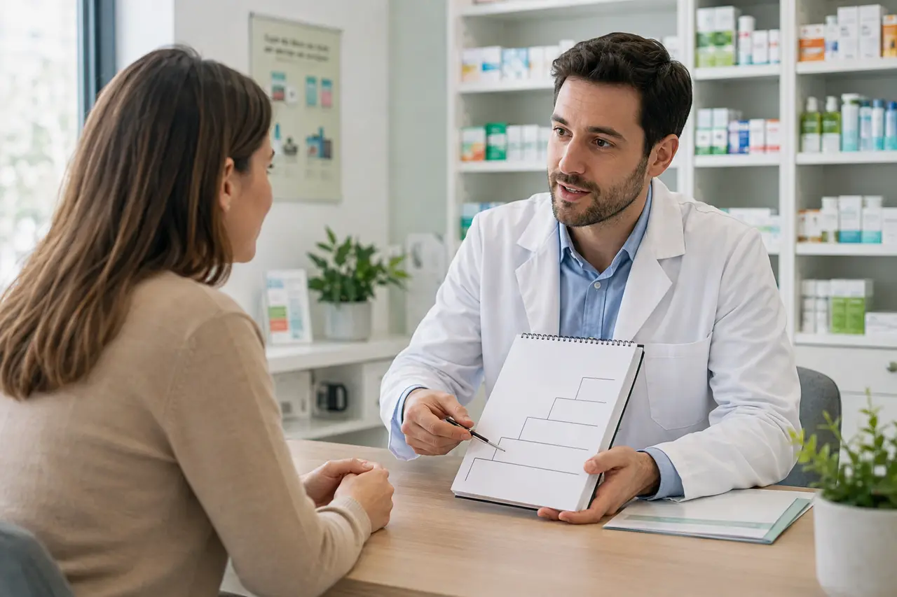 Pharmacien accompagnant une adulte dans une démarche d’arrêt du tabac